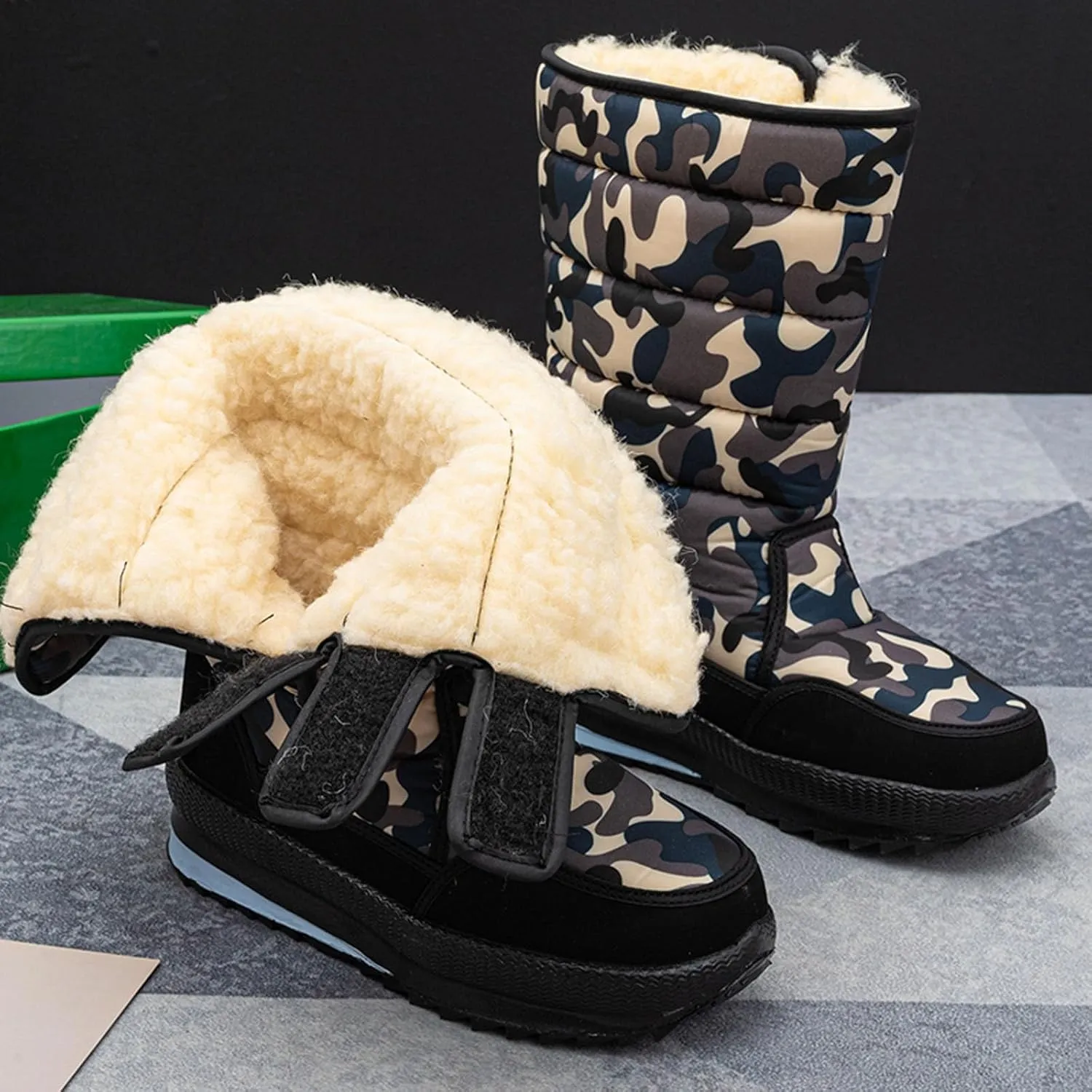 Cold Proof Mid Calf Snow Boots for Men Water Proof Thick Bottom Insulated Winter Boots Fleece Lined Snow Boots