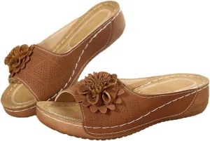 Comfort Sandals for Women Summer Wedge Low Heel Open Toe Slides Trendy Casual Flower Color Block Wedge Sandals Breathable Slip On Orthopedic Arch Support Shoes
