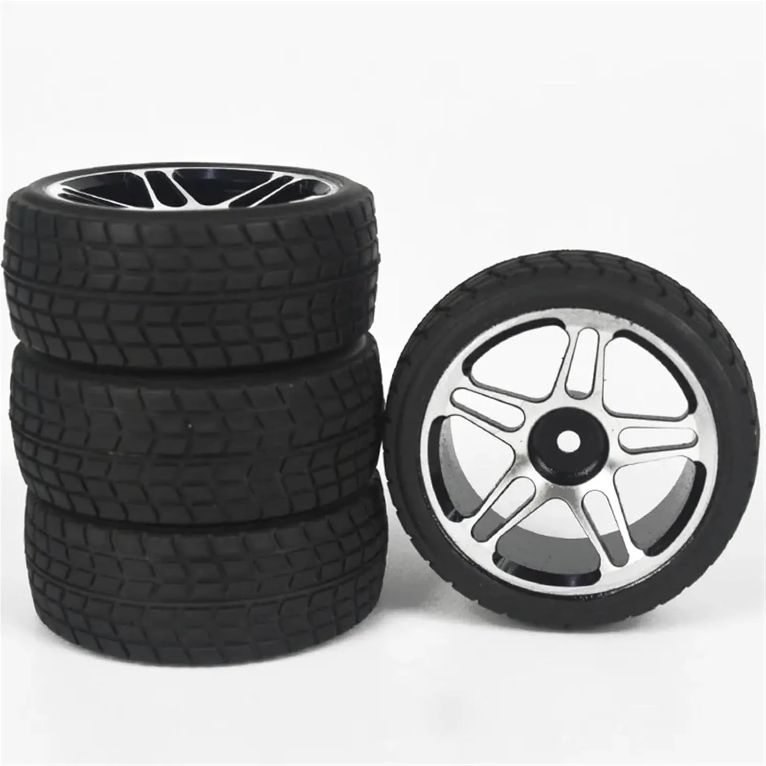 Compatible with HSP 94123 for MST 4-CET 4PCS Metal Wheel Hub Rubber Tire ForRacing Tires for 1/10 RC Electric Flat Running Model Car RC Wheel Tires(Silver)
