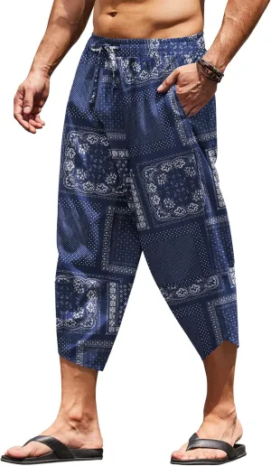 COOFANDY Men's Linen Harem Capri Pants Lightweight Loose 3/4 Shorts Drawstring Elastic Waist Casual Beach Boho Yoga Trousers