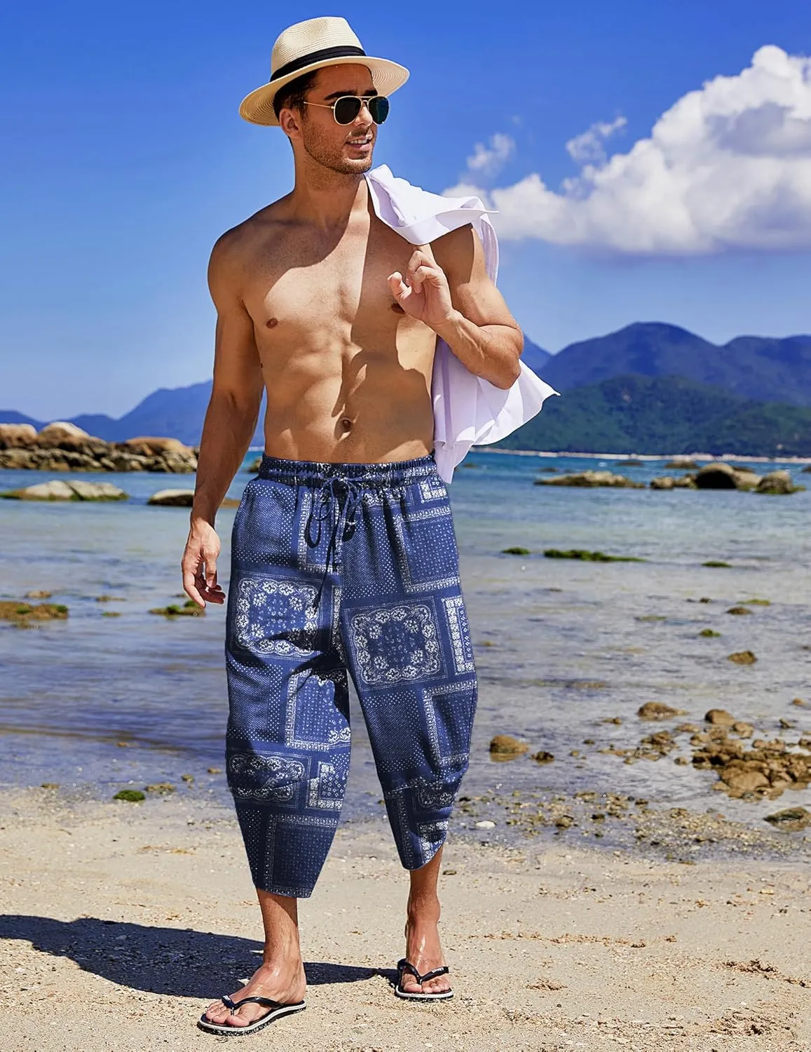 COOFANDY Men's Linen Harem Capri Pants Lightweight Loose 3/4 Shorts Drawstring Elastic Waist Casual Beach Boho Yoga Trousers