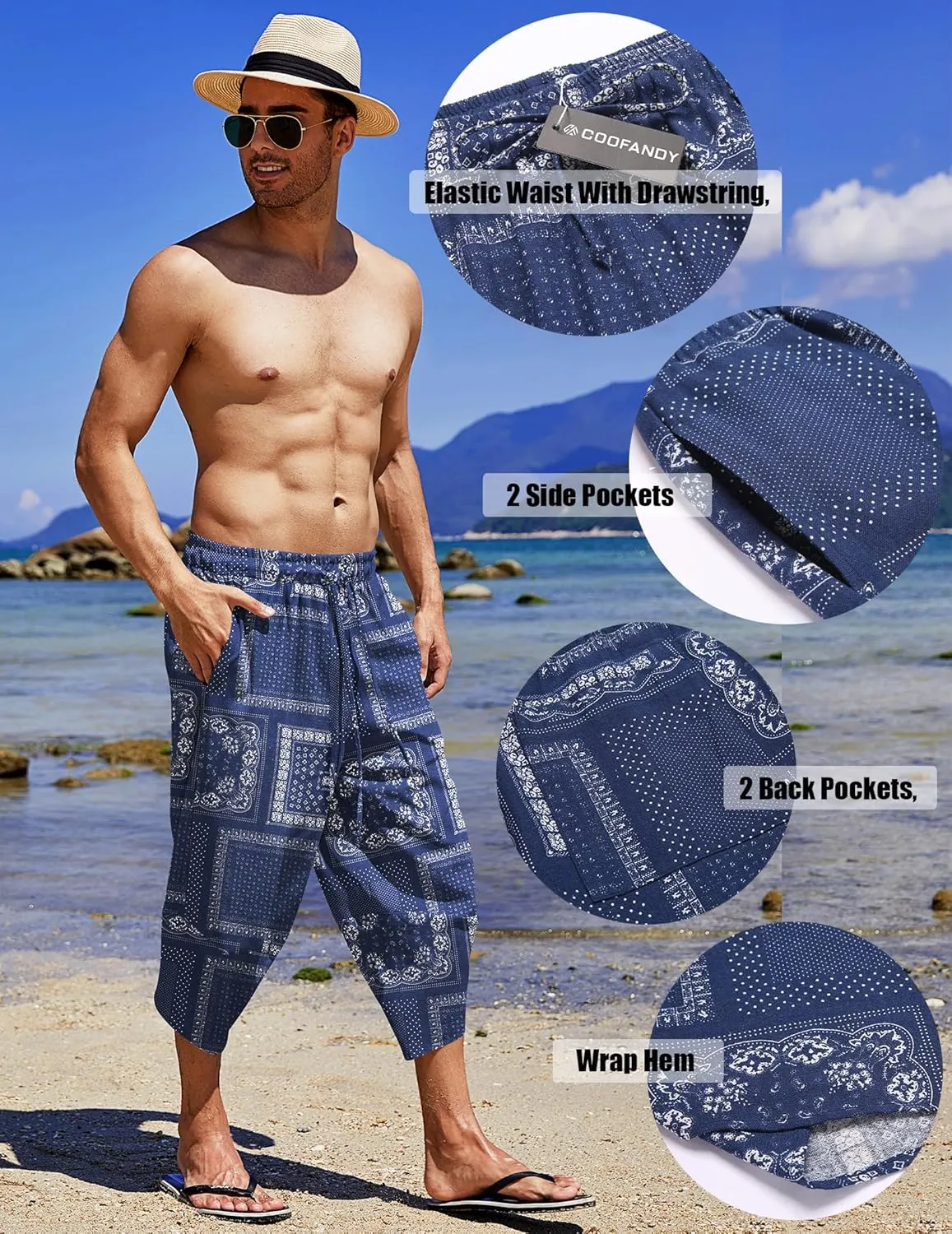 COOFANDY Men's Linen Harem Capri Pants Lightweight Loose 3/4 Shorts Drawstring Elastic Waist Casual Beach Boho Yoga Trousers