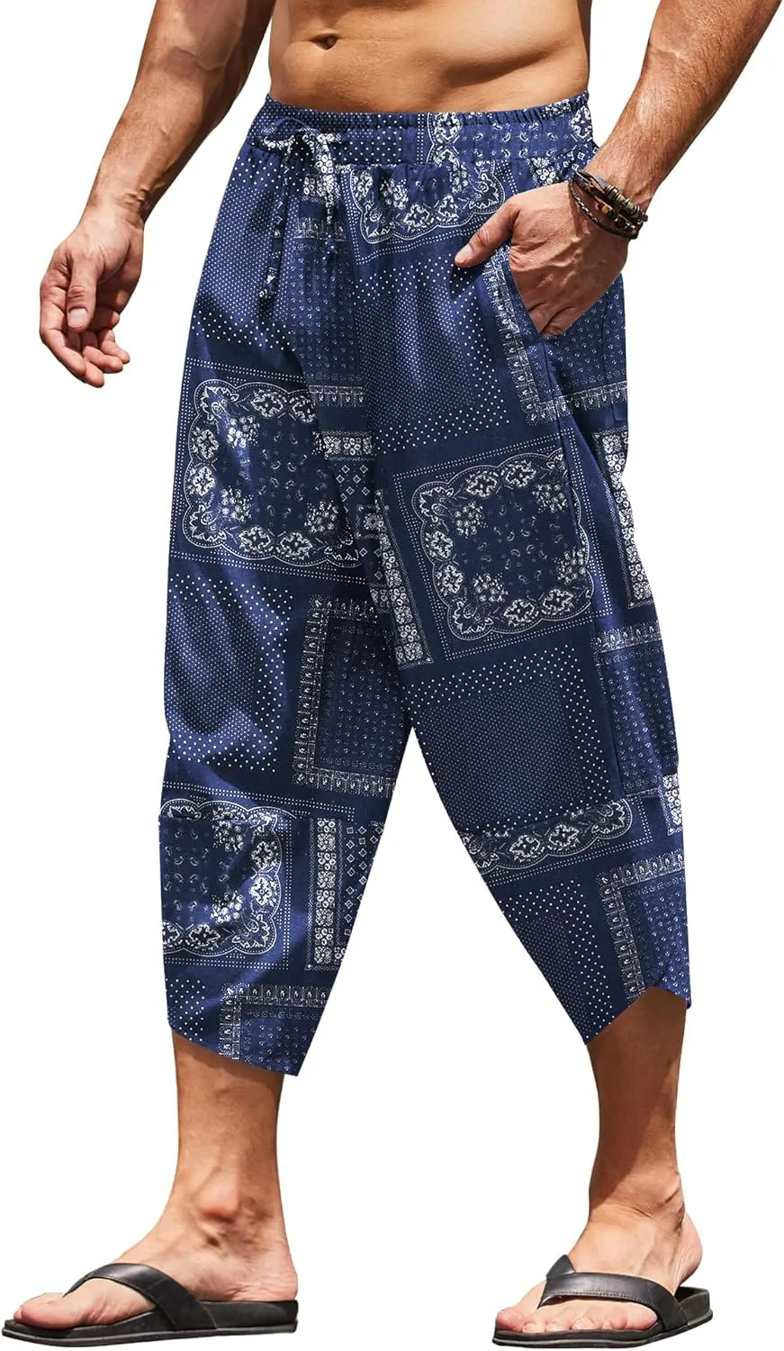 COOFANDY Men's Linen Harem Capri Pants Lightweight Loose 3/4 Shorts Drawstring Elastic Waist Casual Beach Boho Yoga Trousers