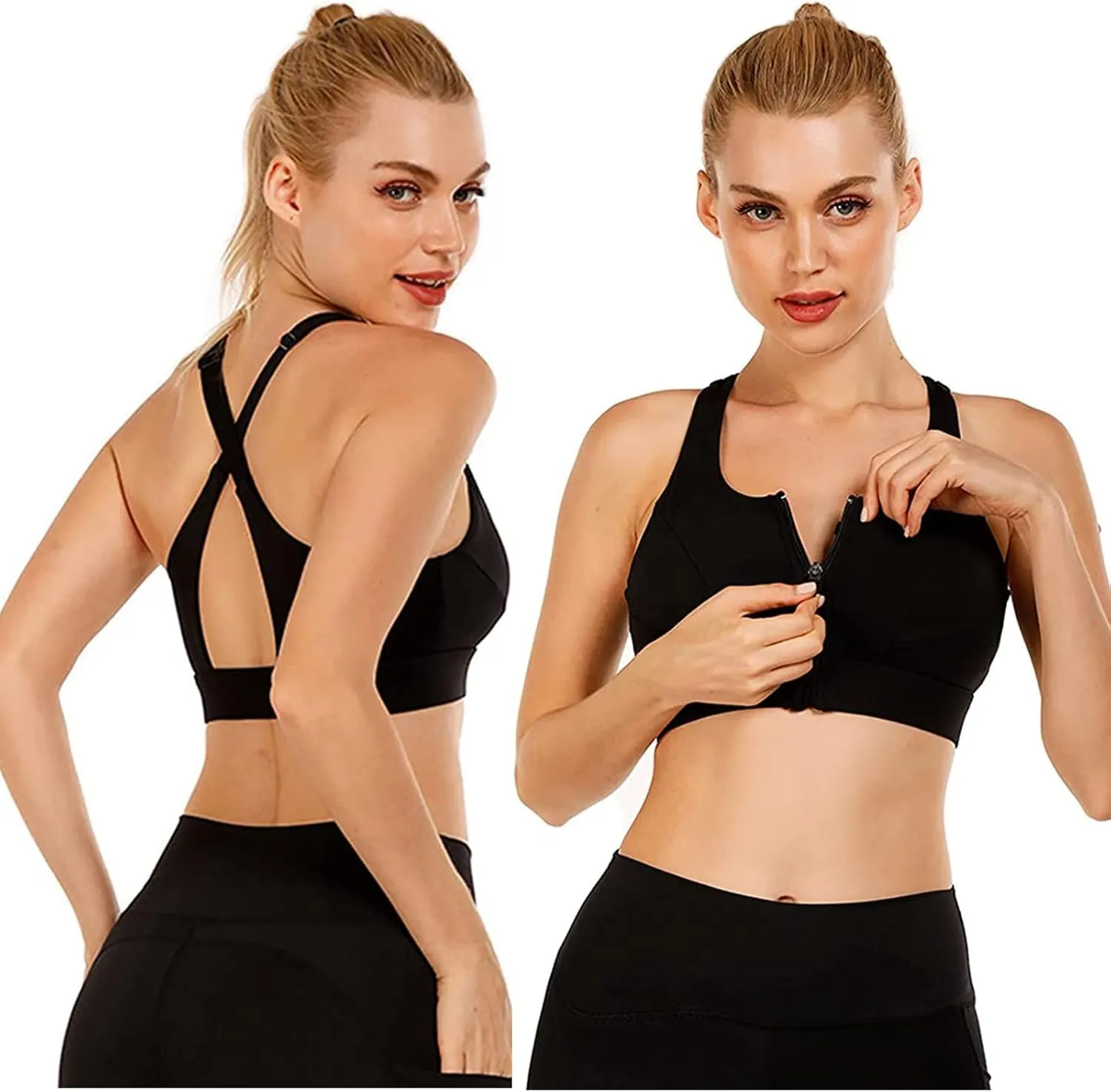 Cordaw Zip Front Sports Bra Adjustable Straps High Support Medium Impact Zipper Front Hook Running Bra Crisscross Padded