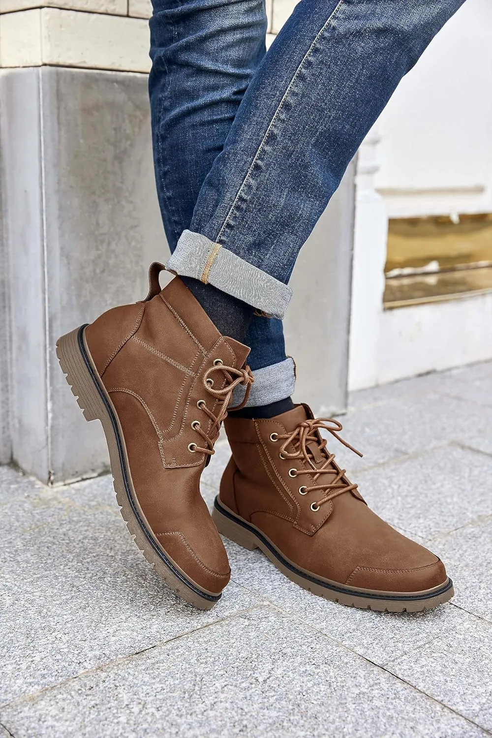 Coutgo Men's Chukka Boots Lace Up Motorcycle Boots Non-Slip Sole Work Waterproof Dress Ankle Boots