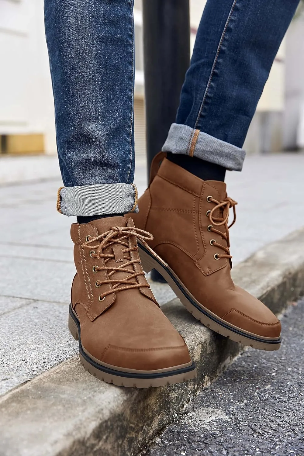Coutgo Men's Chukka Boots Lace Up Motorcycle Boots Non-Slip Sole Work Waterproof Dress Ankle Boots