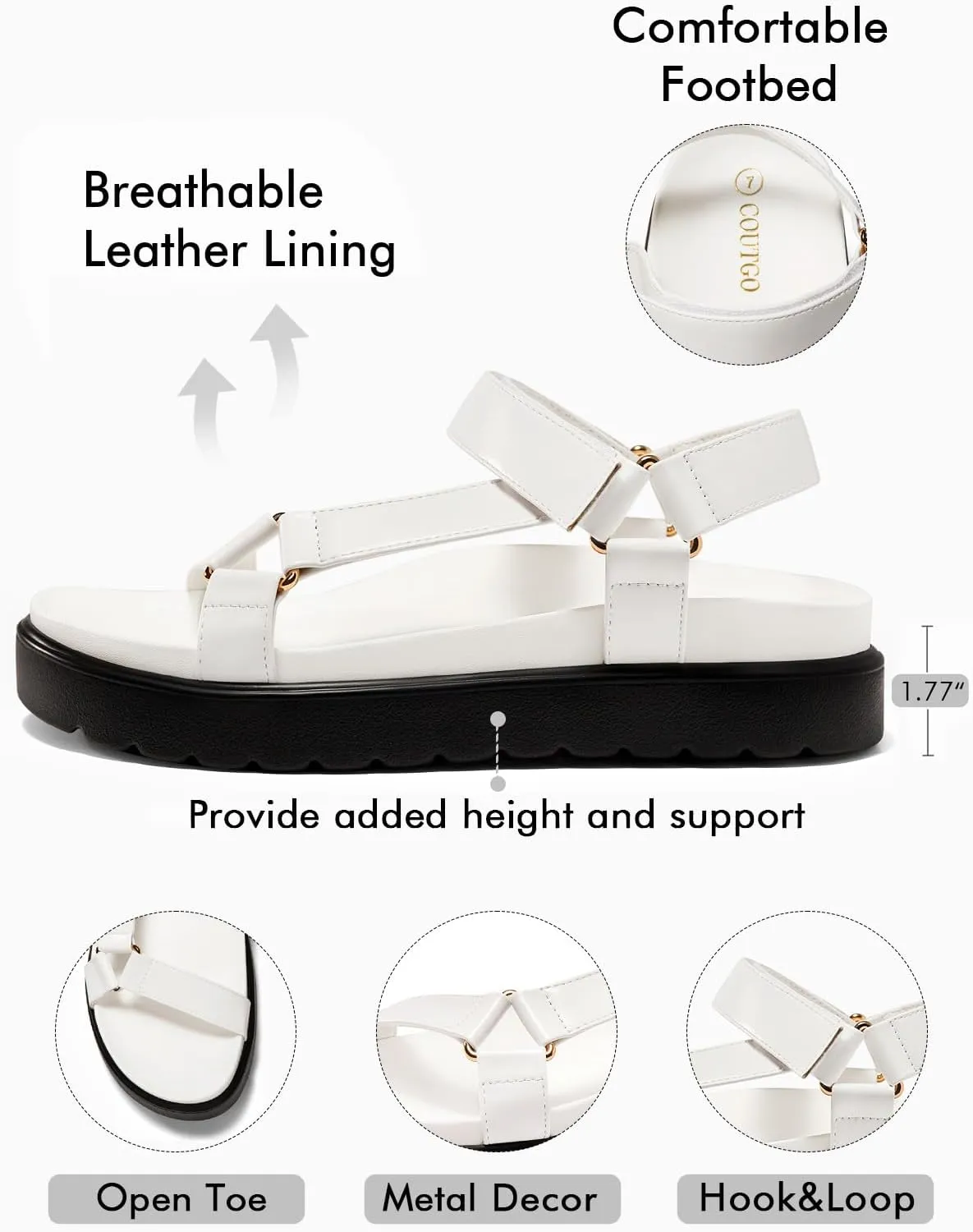 Coutgo Womens Platform Sandals Comfortable Arch Support Footbed Adjustable Ankle Strap Summer Beach Flat Sandals