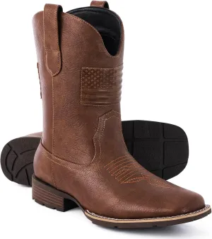 Cowboy Boots For Men - Mens Square Toe Western Boot With Flag, Faux Leather Booties, Botas Para Hombre Vaqueras Suitable For Concert, Daily, Wedding