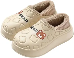 Cozy Cartoon Bear Plush-Lined Slippers for Women - Waterproof, Fashionable Indoor Home Shoes with Soft EVA Sole