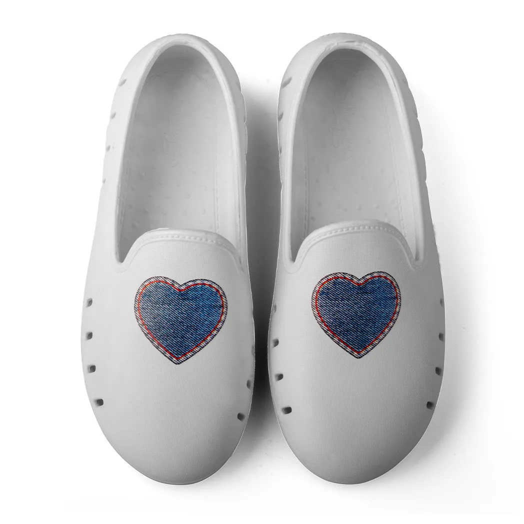Cruise Loafer Kids - White Denim Heart print / Waterproof
