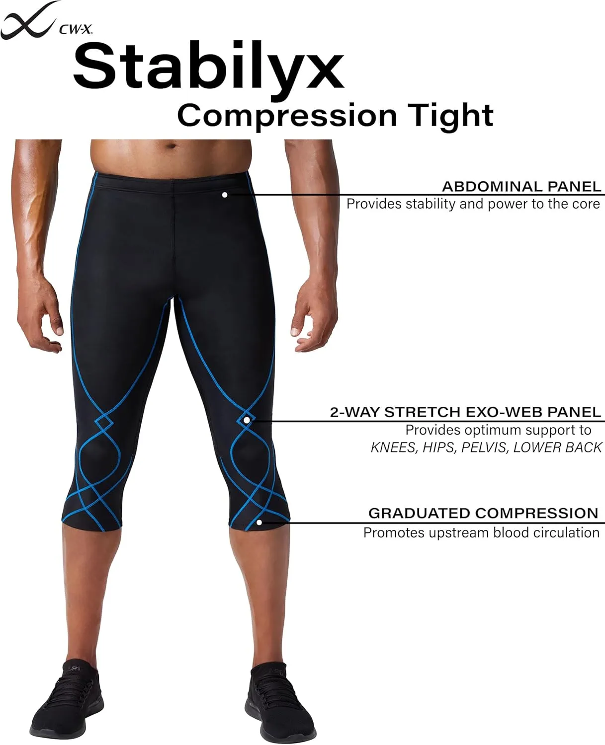 CW-X Men's Stabilyx Joint Support 3/4 Compression Tight, Capri Pants for Running and Recovery