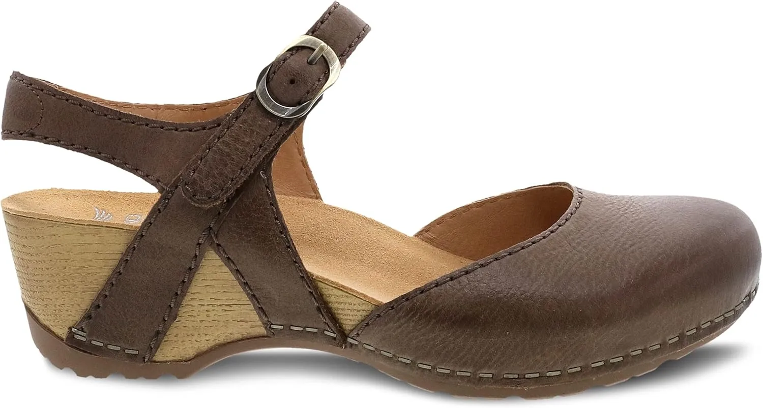 Dansko Tiffani Wedge Sandal for Women - Cushioned, Contoured Footbed for All-Day Comfort and Support - Hook & Loop Strap with Buckle Detail - Lightweight Rubber Outsole
