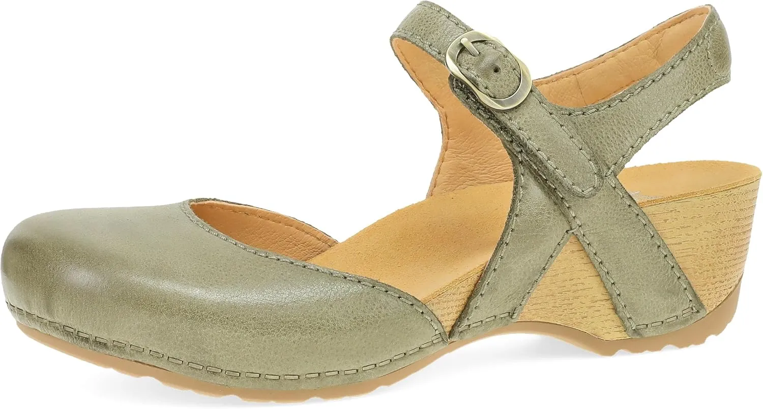 Dansko Tiffani Wedge Sandal for Women - Cushioned, Contoured Footbed for All-Day Comfort and Support - Hook & Loop Strap with Buckle Detail - Lightweight Rubber Outsole