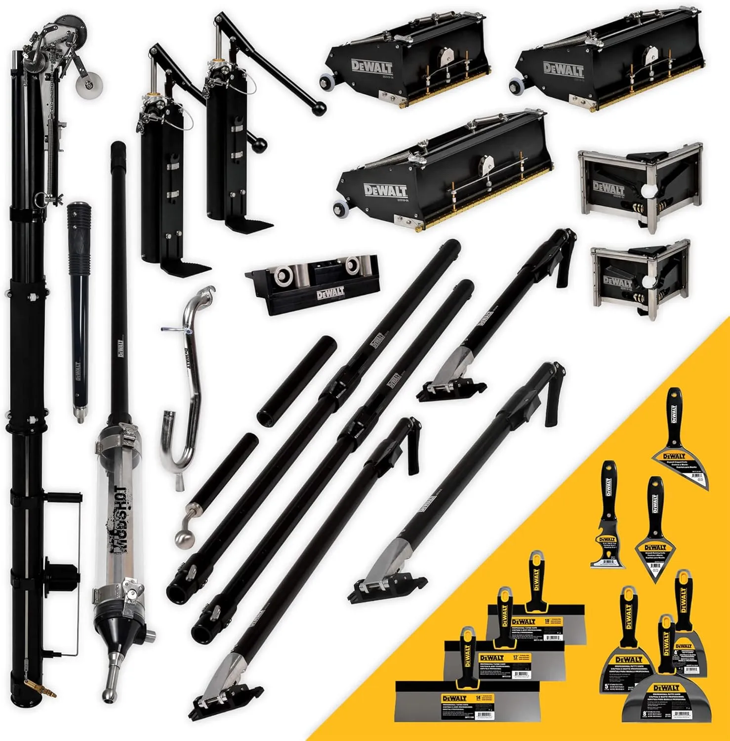 DEWALT Ultimate Automatic Taping/Finishing Set | Auto Taper, MudShot, 7/10/12" Flat Boxes, 3/3.5” Angle Heads, Corner Roller, Pumps, Gooseneck, Extendable Handles | DXTT-2-617