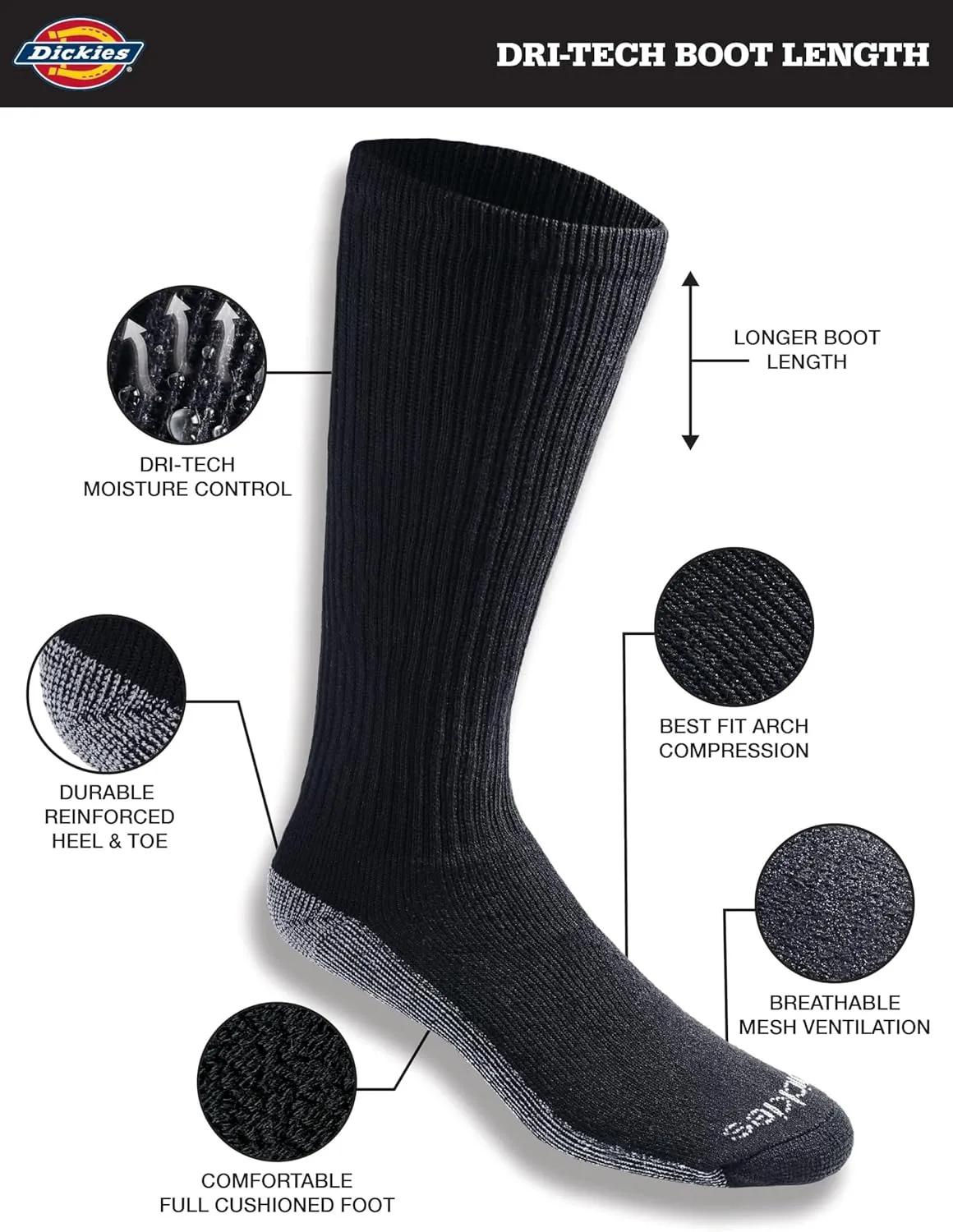 Dickies Men's Dri-Tech Moisture Control Boot-Length Socks, Available in L-XL (6, 12 Pairs)