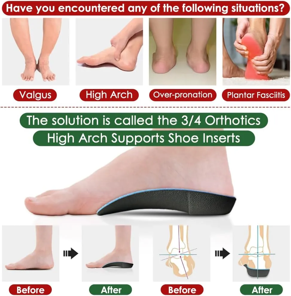 Dr. Foot 3/4 Orthotics Shoe Insoles, High Arch Supports Inserts for Flat Feet, Plantar Fasciitis, Over-Pronation, Fallen Arches (Red, Large(Men's 9-11 / Women's 10-12))