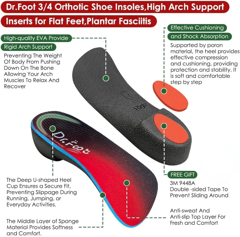 Dr. Foot 3/4 Orthotics Shoe Insoles, High Arch Supports Inserts for Flat Feet, Plantar Fasciitis, Over-Pronation, Fallen Arches (Red, Large(Men's 9-11 / Women's 10-12))