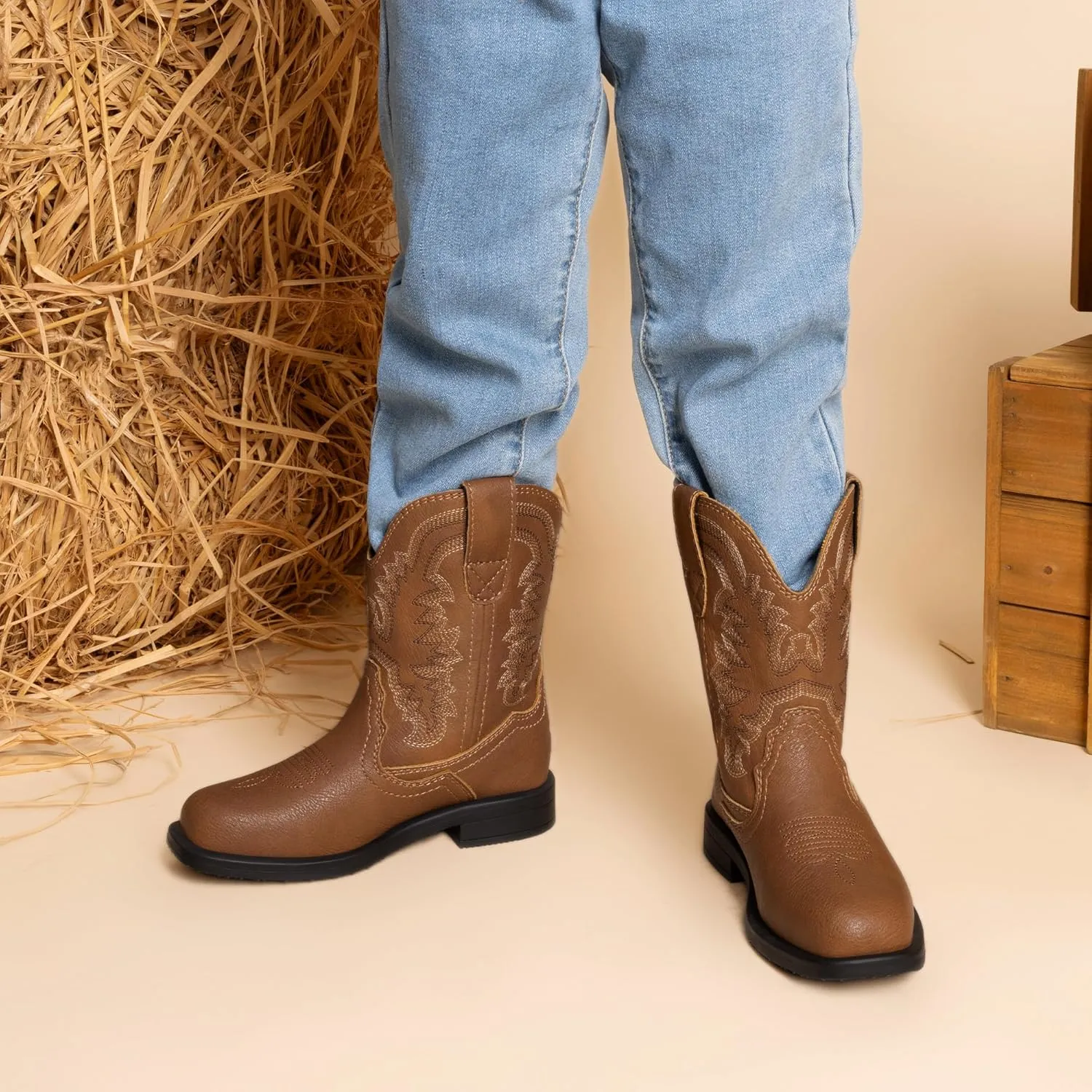 DREAM PAIRS Toddler Little Boys Girls Cowboy Boots Kids Western Square Toe Riding Mid Calf Boots