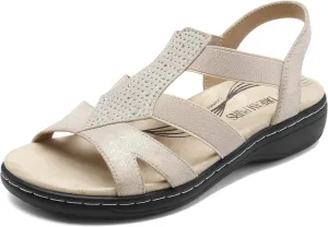 DREAM PAIRS Women's Comfortable Arch Support Dressy Flat Sandals Elastic Open Toe Walking Shoes for Summer