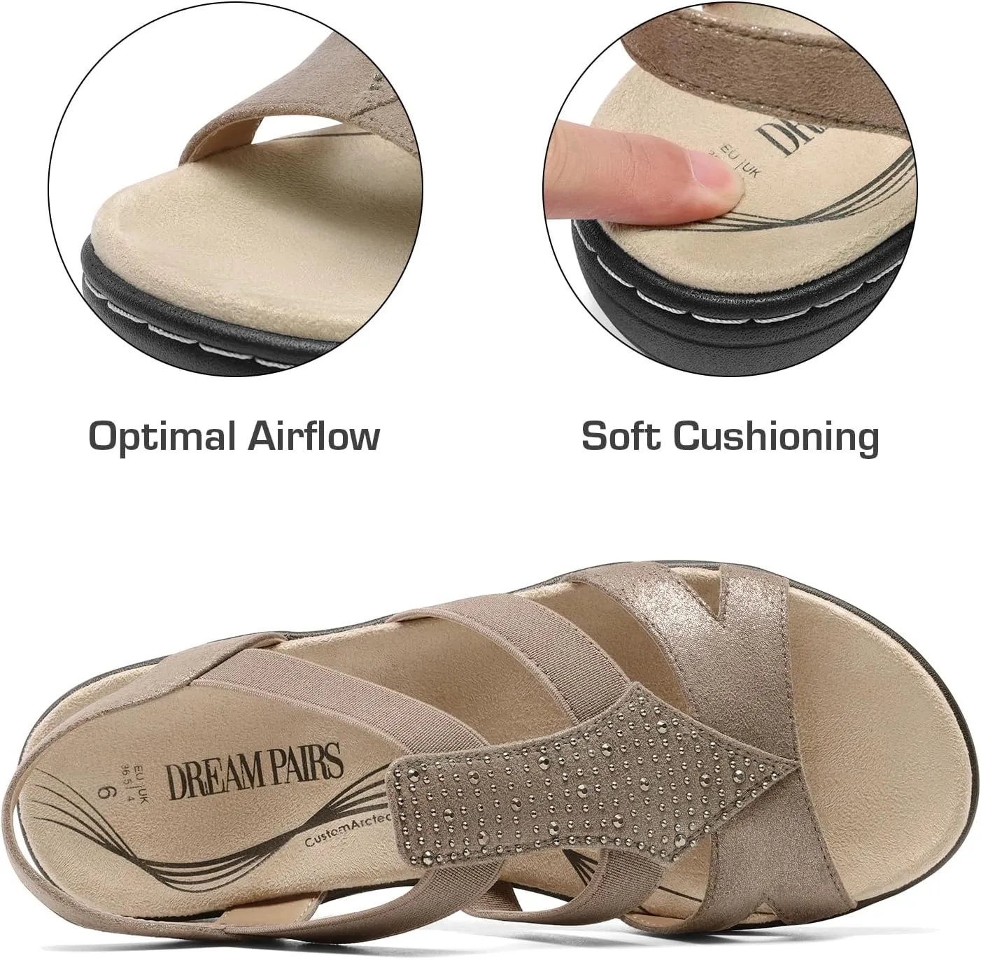 DREAM PAIRS Women's Comfortable Arch Support Dressy Flat Sandals Elastic Open Toe Walking Shoes for Summer