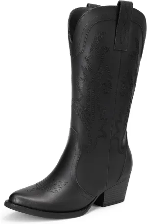 DREAM PAIRS Women's Cowboy Cowgirl Boots Embroidered Pointed Toe Low Heel Western Mid Calf Boot for Theme Party Country Concert