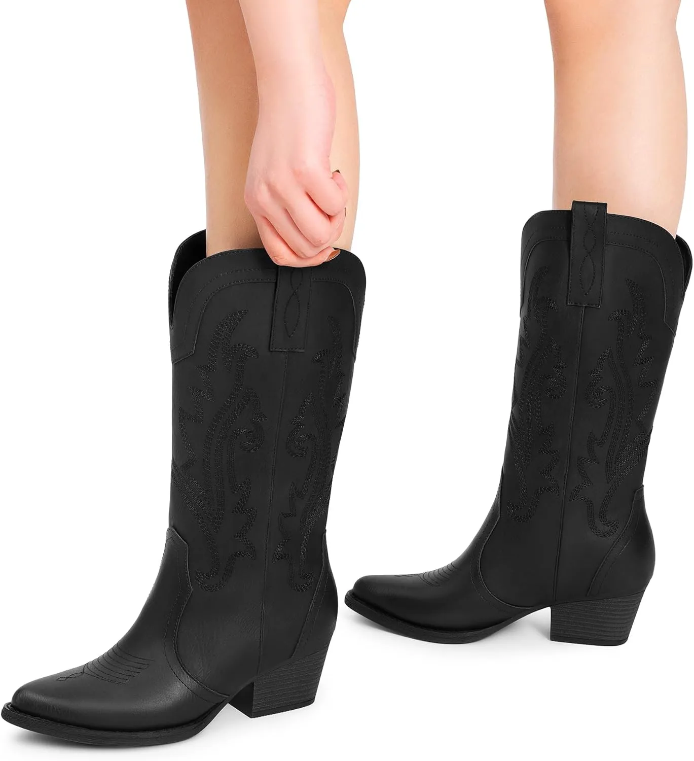 DREAM PAIRS Women's Cowboy Cowgirl Boots Embroidered Pointed Toe Low Heel Western Mid Calf Boot for Theme Party Country Concert