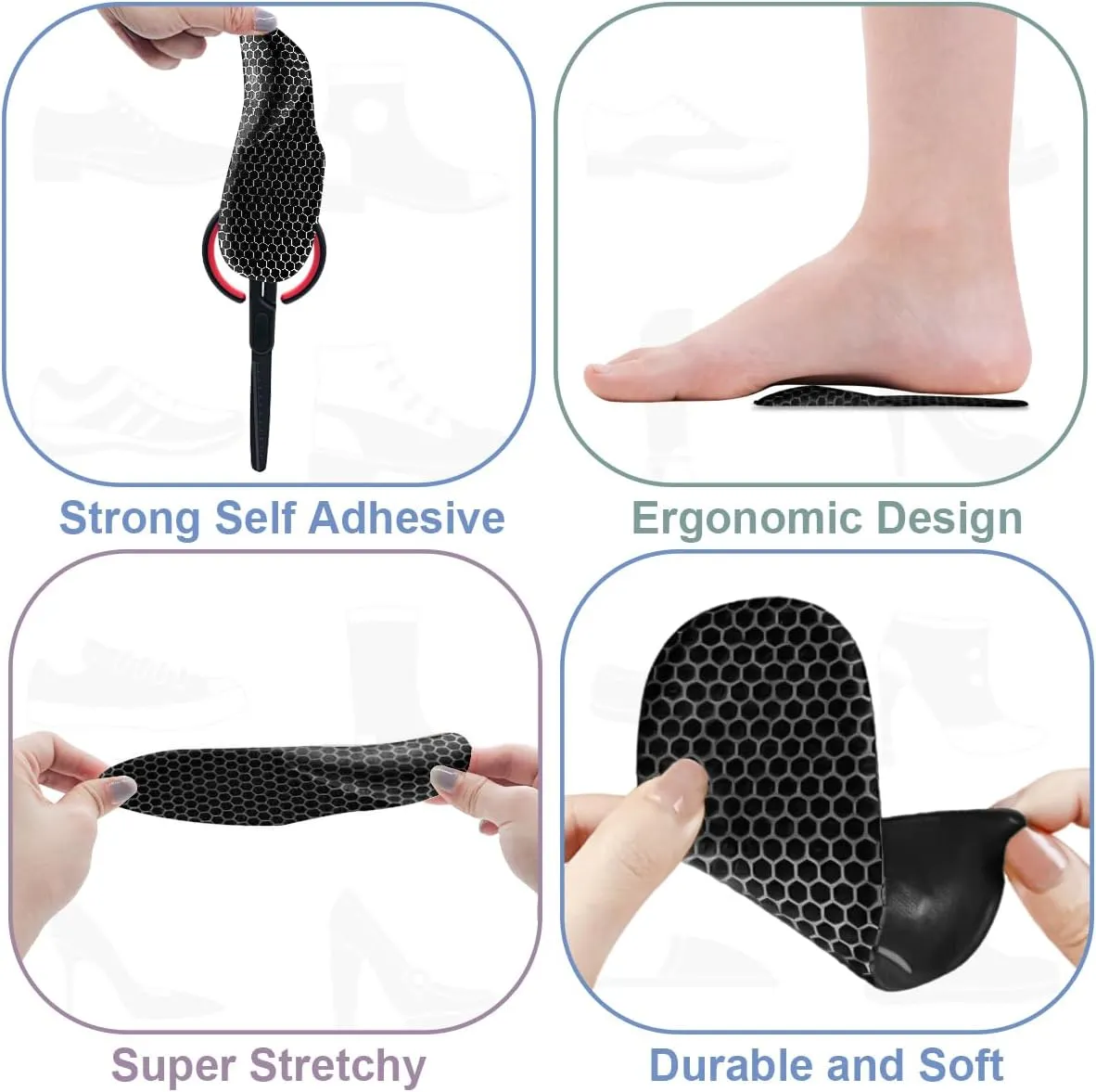 Dr.Foot Arch Support Shoe Inserts for Plantar Fasciitis Relief, Self-Adhesive Arch Pads Heel Cushion for Flats, Heel Pain, Gel Arch Insoles for Men and Women 2 Pairs (Black, Small)