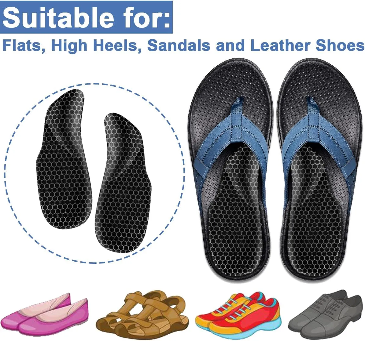 Dr.Foot Arch Support Shoe Inserts for Plantar Fasciitis Relief, Self-Adhesive Arch Pads Heel Cushion for Flats, Heel Pain, Gel Arch Insoles for Men and Women 2 Pairs (Black, Small)
