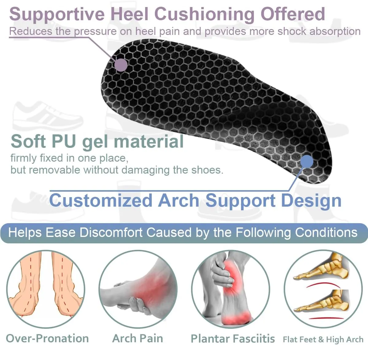Dr.Foot Arch Support Shoe Inserts for Plantar Fasciitis Relief, Self-Adhesive Arch Pads Heel Cushion for Flats, Heel Pain, Gel Arch Insoles for Men and Women 2 Pairs (Black, Small)