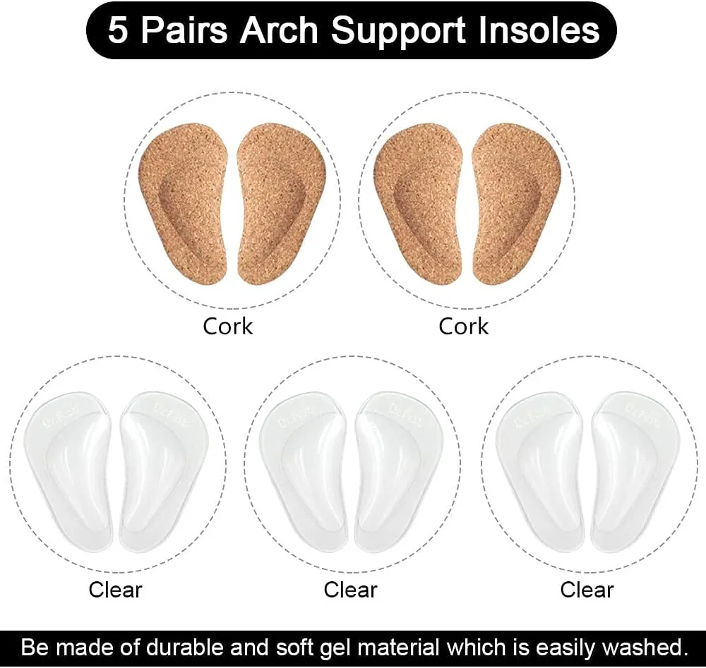 Dr.Foot Plantar Fasciitis Arch Support Shoe Insoles 5 Pairs, Thicken Gel Arch Pads for Flat Feet - Self-Adhesive Arch Cushions Inserts for Men and Women