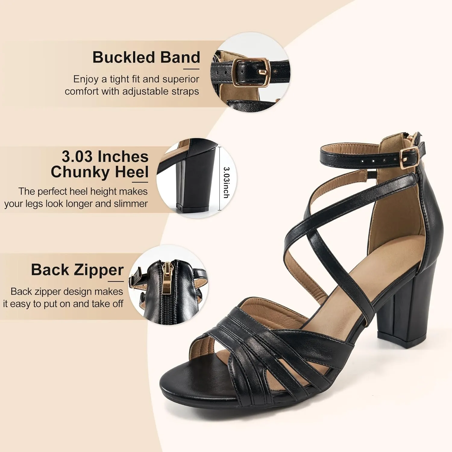 Ecetana Womens Sandals Chunky Heel Dressy Open Toe Buckle Ankle Strap Back Zipper Sexy Block Shoes for Party Wedding