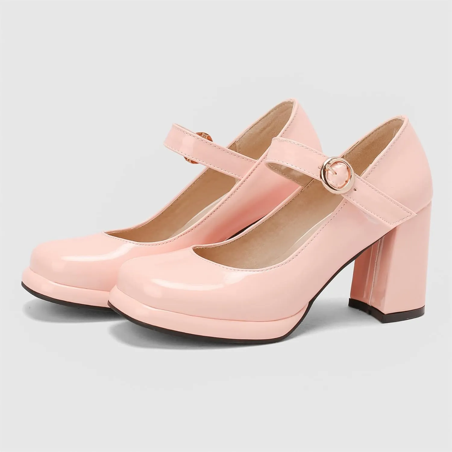 Elbslutt Women's Patent Leather Chunky Mary Janes Platform Square Toe High Block Heels Ankle Strap Pumps