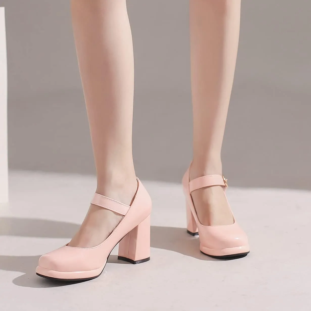Elbslutt Women's Patent Leather Chunky Mary Janes Platform Square Toe High Block Heels Ankle Strap Pumps