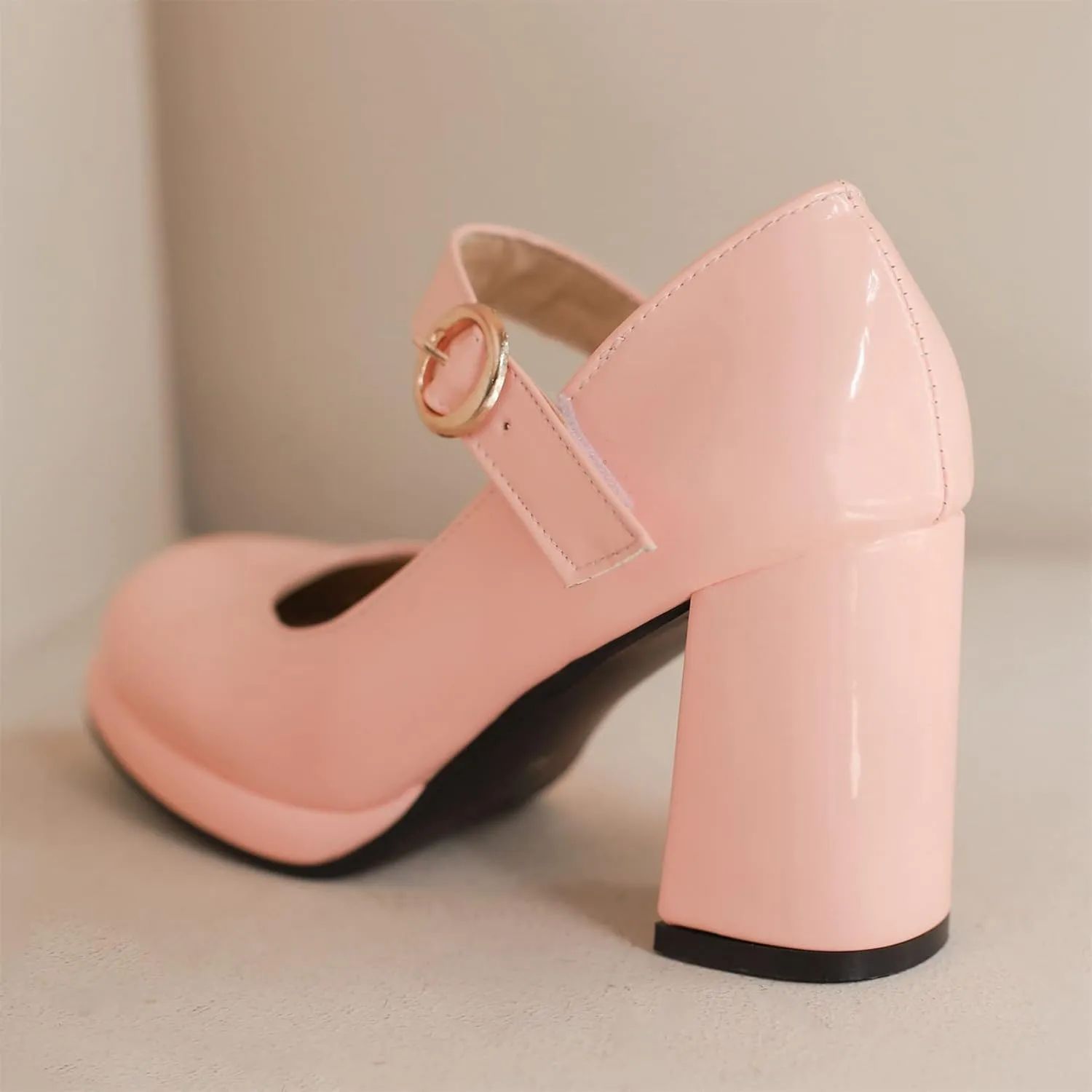 Elbslutt Women's Patent Leather Chunky Mary Janes Platform Square Toe High Block Heels Ankle Strap Pumps