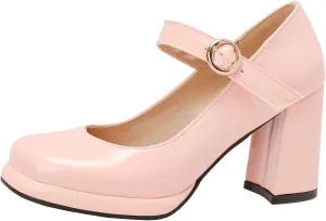 Elbslutt Women's Patent Leather Chunky Mary Janes Platform Square Toe High Block Heels Ankle Strap Pumps