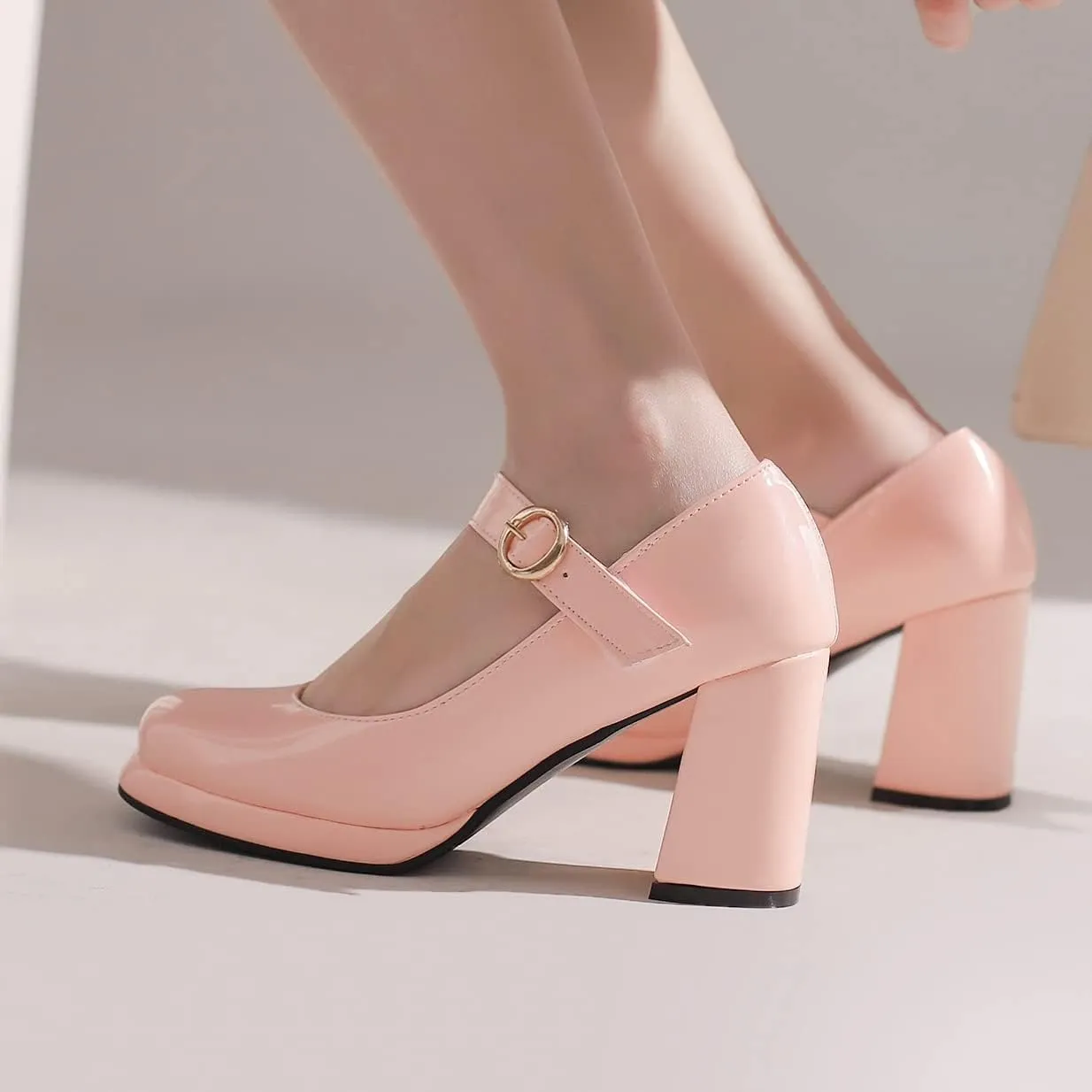 Elbslutt Women's Patent Leather Chunky Mary Janes Platform Square Toe High Block Heels Ankle Strap Pumps