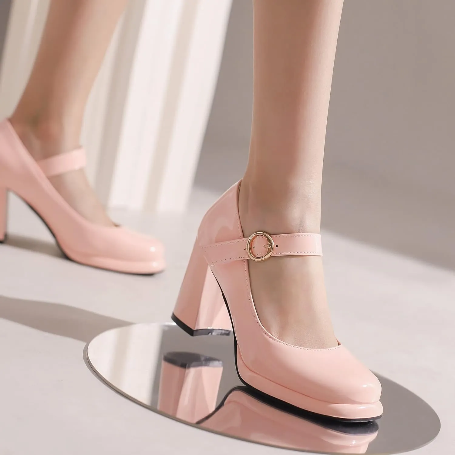 Elbslutt Women's Patent Leather Chunky Mary Janes Platform Square Toe High Block Heels Ankle Strap Pumps
