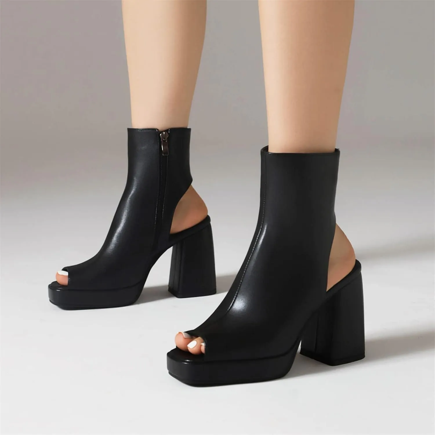 Elbslutt Women's Platform Peep Toe Sandals Chunky Heel Open Toe Booties Block Heel Ankle Boots Zip Up