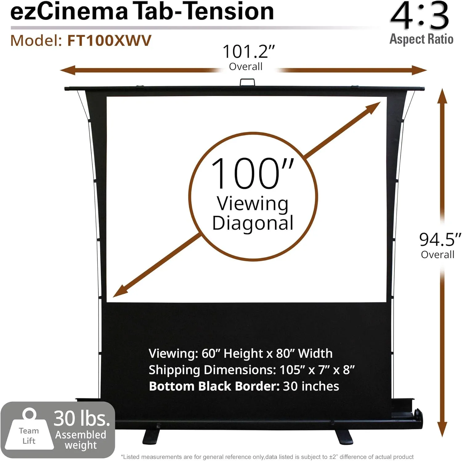 Elite Screens ezCinema Tab Tension, 100-Inch 4:3 Portable Manual Floor Pull Up Scissor Backed Projector Screen, Office School Front Projection  Carry Bag, US Based Company 2-Year Warranty - FT100XWV
