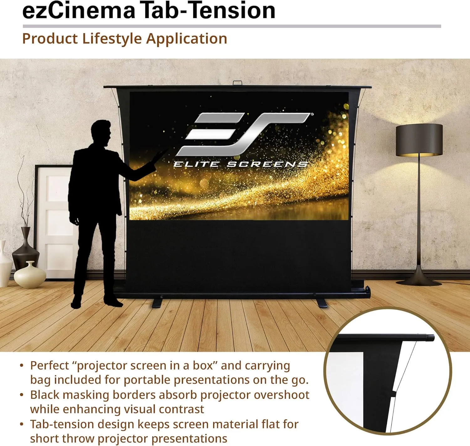 Elite Screens ezCinema Tab Tension, 100-Inch 4:3 Portable Manual Floor Pull Up Scissor Backed Projector Screen, Office School Front Projection  Carry Bag, US Based Company 2-Year Warranty - FT100XWV