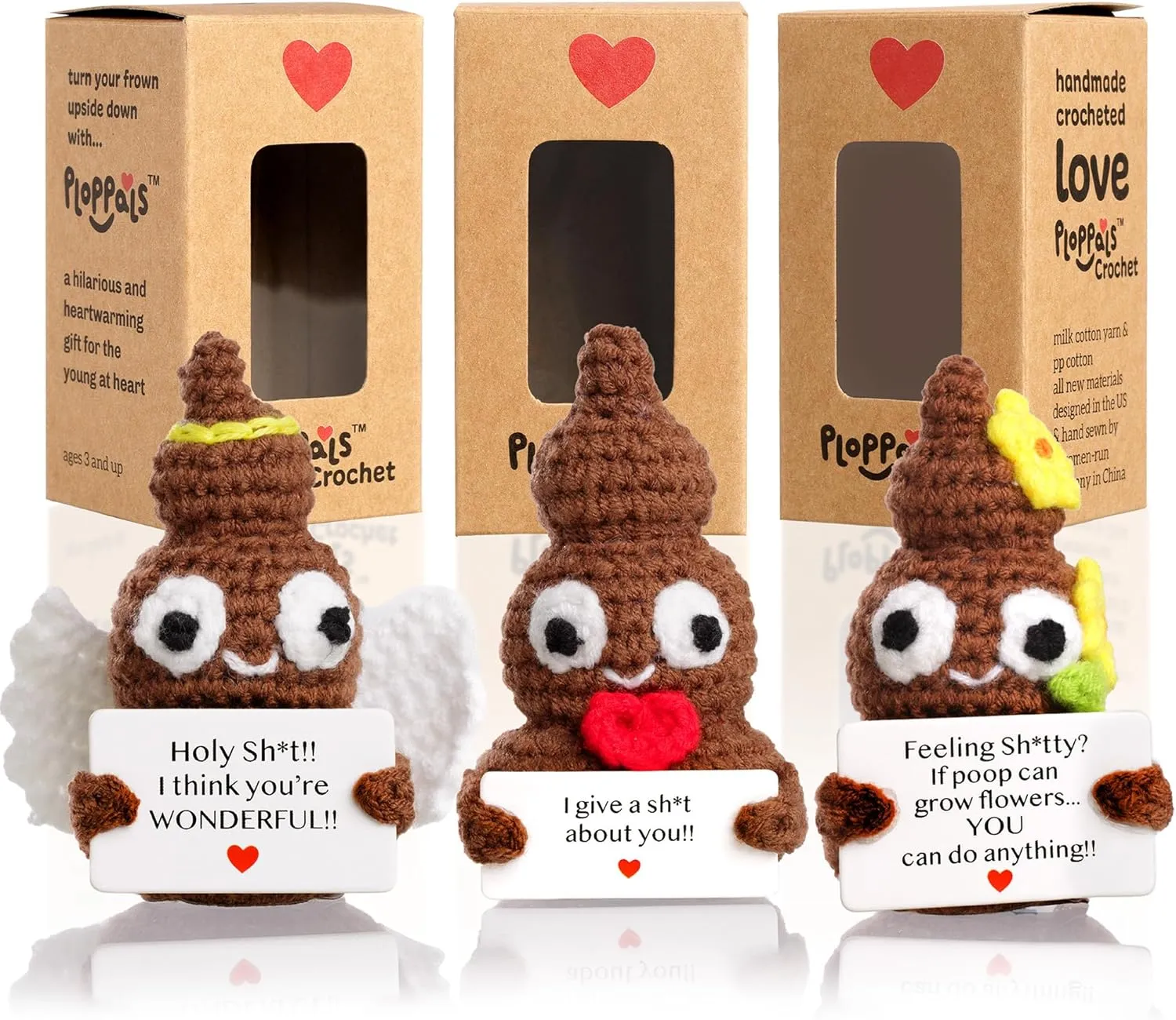 Emotional Support Plush Crochet Poo Set of 3, Handmade Gift-Ready Positive Funny Gifts for Women, Coworkers, Men & Teens, Care Package for College Students, Silly & Cute Crochet Poop Plushies