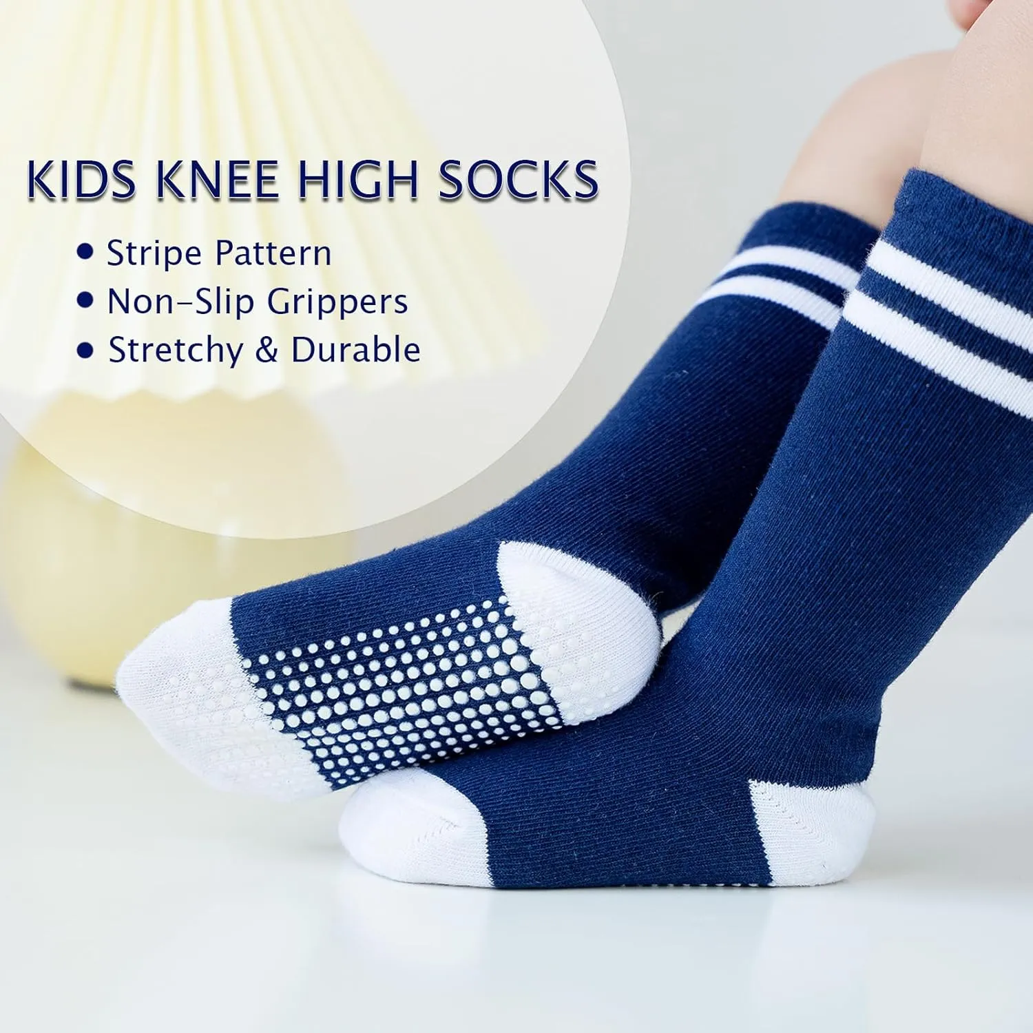EPEIUS Knee High Socks with Non-Slip Grip Toddller Athletic Stripe Team Tube Socks Kids Boys Girls 5-Pack