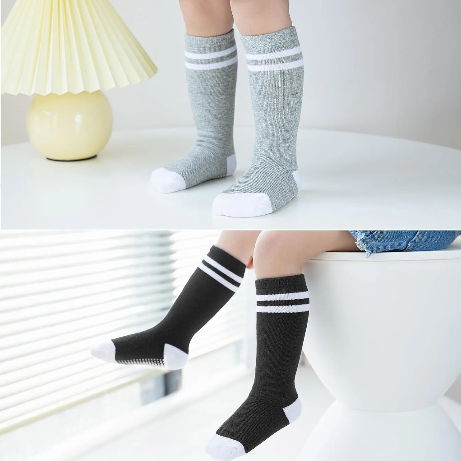 EPEIUS Knee High Socks with Non-Slip Grip Toddller Athletic Stripe Team Tube Socks Kids Boys Girls 5-Pack