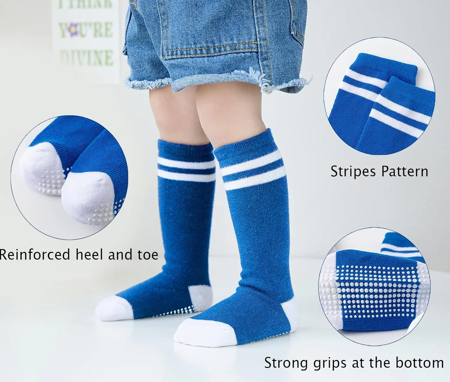 EPEIUS Knee High Socks with Non-Slip Grip Toddller Athletic Stripe Team Tube Socks Kids Boys Girls 5-Pack
