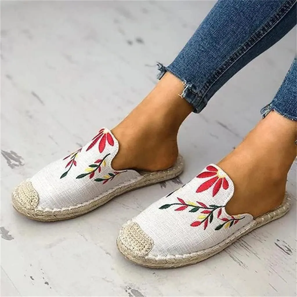 Fashion Embroidered Espadrille Flat Slippers, Women's Comfort Slides Sandals Shoes Espadrilles