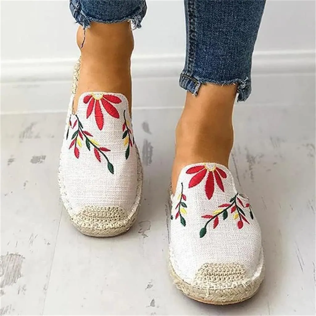 Fashion Embroidered Espadrille Flat Slippers, Women's Comfort Slides Sandals Shoes Espadrilles
