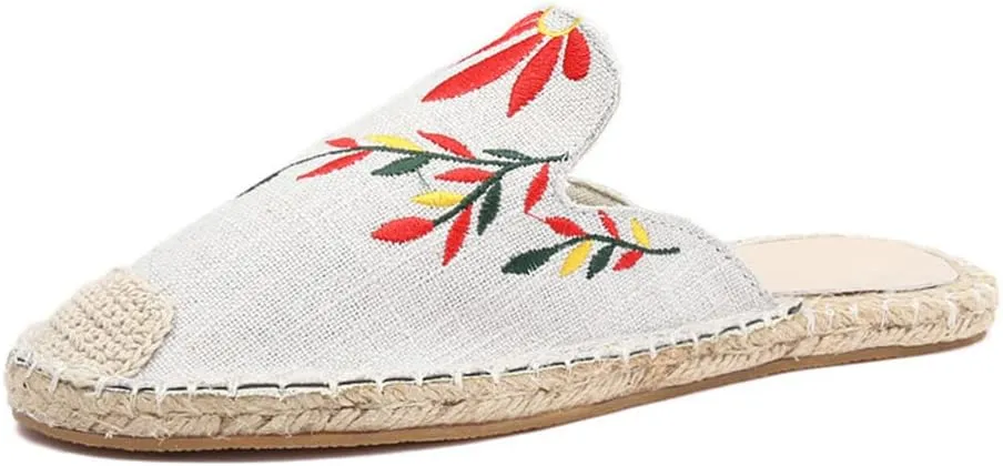 Fashion Embroidered Espadrille Flat Slippers, Women's Comfort Slides Sandals Shoes Espadrilles