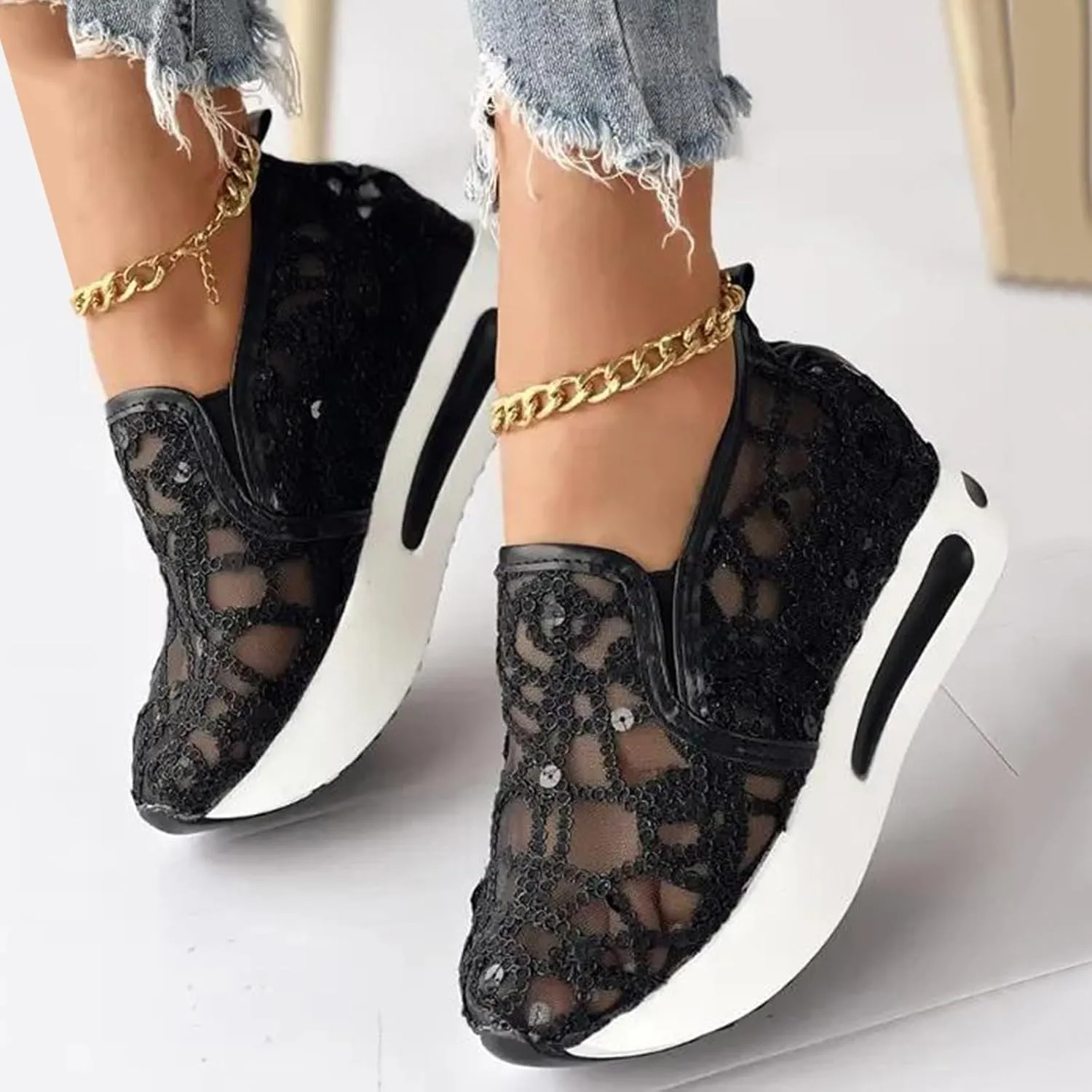 Fashion Sneakers for Women 2025, Floral Embroidery Breathable Sheer Mesh Lace Slip on Sneakers Orthopedic Lightweight Platform Wedge Sneakers Dressy Casual Walking Stylish Memory Foam Shoes