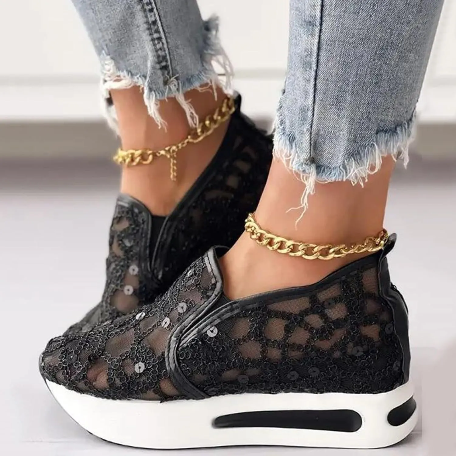 Fashion Sneakers for Women 2025, Floral Embroidery Breathable Sheer Mesh Lace Slip on Sneakers Orthopedic Lightweight Platform Wedge Sneakers Dressy Casual Walking Stylish Memory Foam Shoes