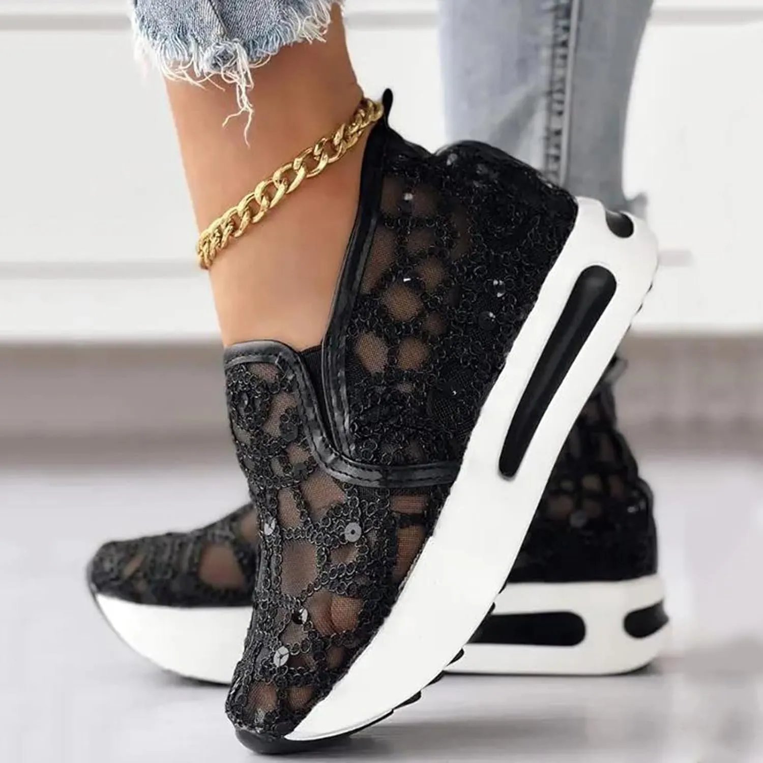 Fashion Sneakers for Women 2025, Floral Embroidery Breathable Sheer Mesh Lace Slip on Sneakers Orthopedic Lightweight Platform Wedge Sneakers Dressy Casual Walking Stylish Memory Foam Shoes